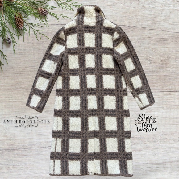 Anthropologie NVLT cream & taupe plaid Berber Coat with World Map Lining - Picture 4 of 13